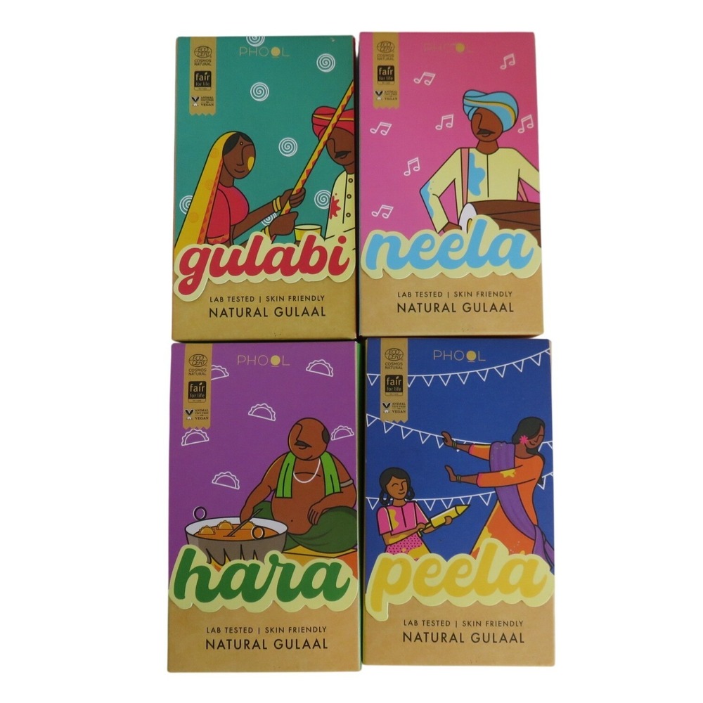 Phool Natural Gulaal‎ Holi Powder Set of 4 Pink Blue Green Yellow 100g Each